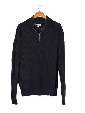 And Now This | Navy blue cotton blend knitted ribbed 1/2 zip front long sweater